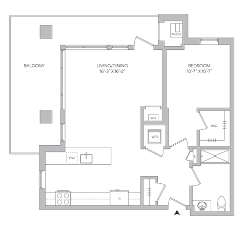 Floorplan of a 1 bedroom 1 bath apartment with a wraparound balcony